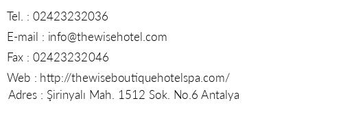 Wise Hotel & Spa telefon numaralar, faks, e-mail, posta adresi ve iletiim bilgileri